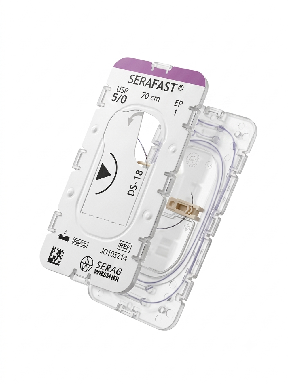 Blister SERAFAST ouvert : fil de suture résorbable violet et aiguille DS-18 - Serag-Wiessner