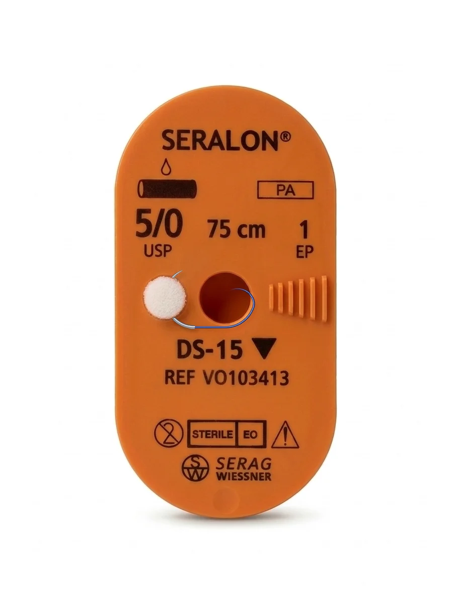 Cartouche SERALON sous sachet transparent : fil de suture non résorbable bleu et aiguille - Serag-Wiessner