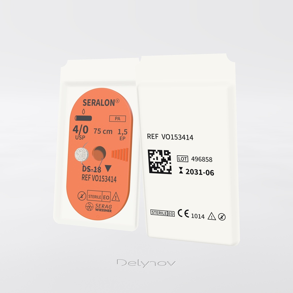 SERALON 4/0, aiguille DS-18, 75 cm, sachet vu de face et de dos