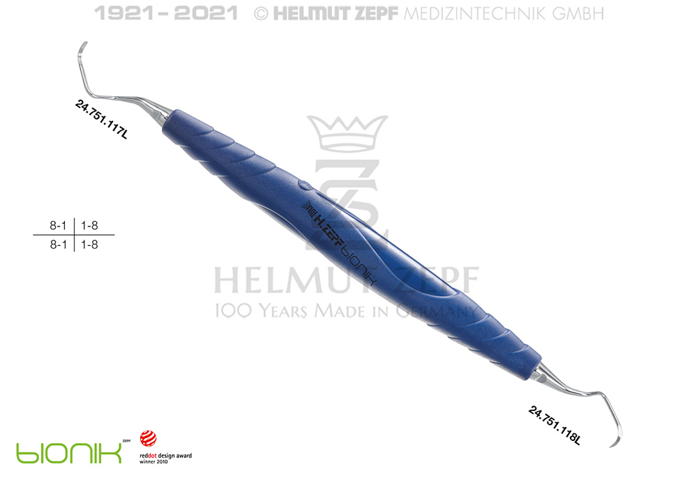 ZEPF-BIONIK, CURETTE UNIVERSELLE LANGER, FIG. 17/18, MANCHE BLEU DE COBALT, (24.207.17L) - Hemut ZEPF - Delynov