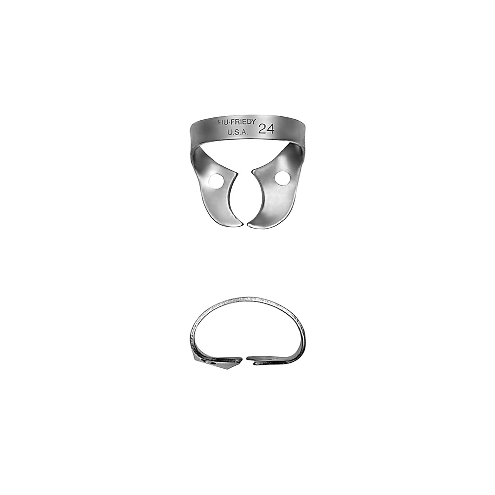 Rubber dam clamp #24 upper right and lower left molars