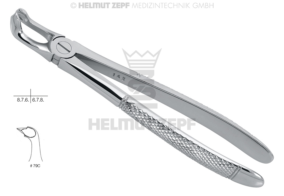 English pattern angled surgical dental extraction forceps, for lower third molar extraction, Figure 79-C - Helmut Zepf (10.079.03) - Delynov