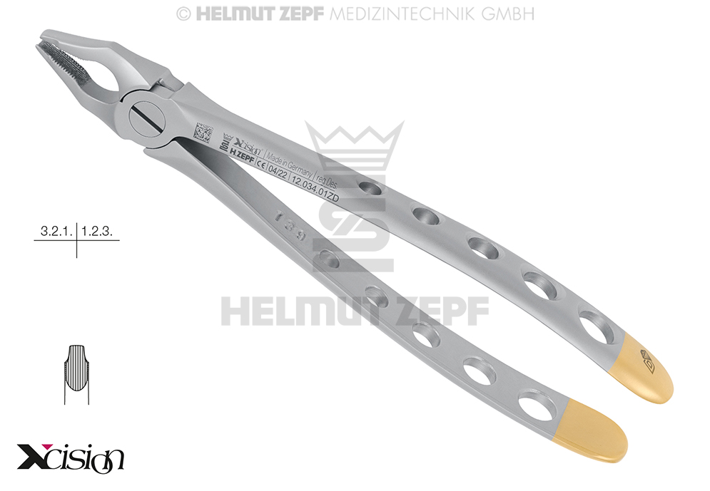 Surgical dental extraction forceps for upper incisors and canines, English pattern - Helmut Zepf (12.034.01ZD) - Delynov