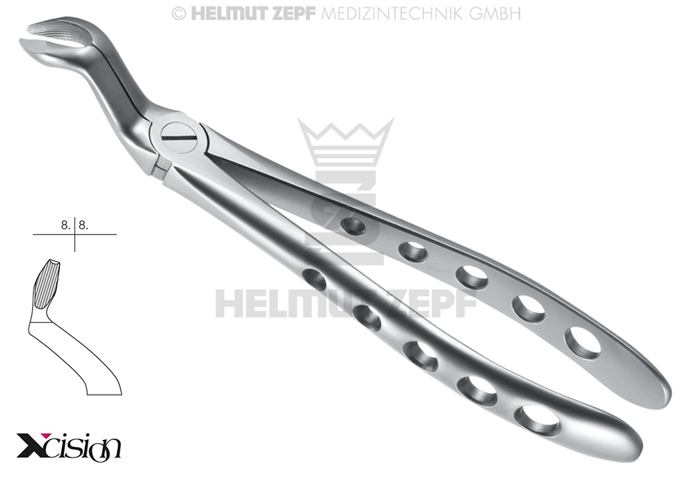 Surgical dental extraction forceps for upper wisdom teeth, angled pattern, modified Helmut Zepf model (12.067.95Z) - Delynov