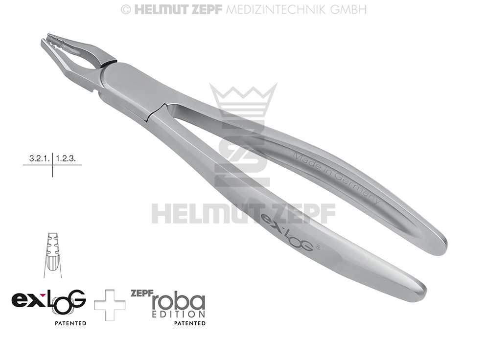 Dental extraction forceps for upper incisors and canines, Exlog model - Helmut Zepf (15.234.07) - Delynov