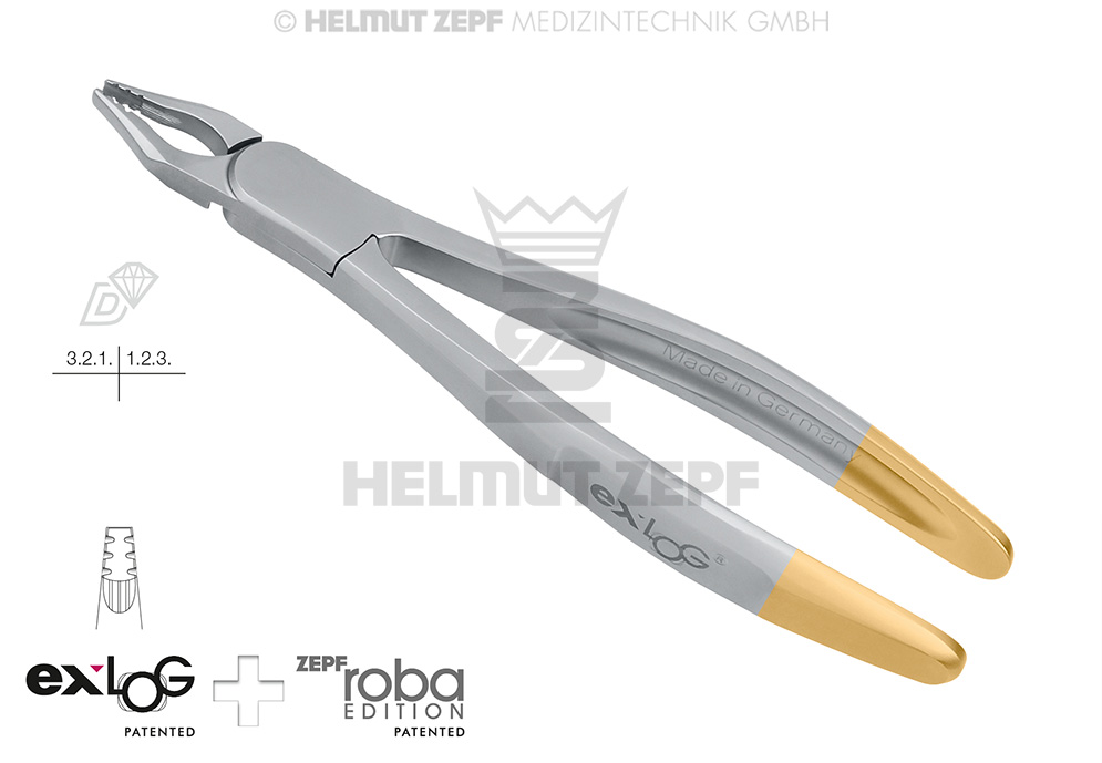 Exlog surgical dental extraction forceps for upper incisors and canines, fig. 34M Roba - Helmut Zepf (15.234.08D) - Delynov