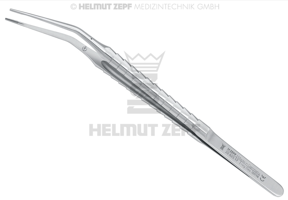 Pince micro chirurgicale spéciale Cooley, courbée à 25°, pointes longues - Helmut Zepf (22.823.17) - Delynov
