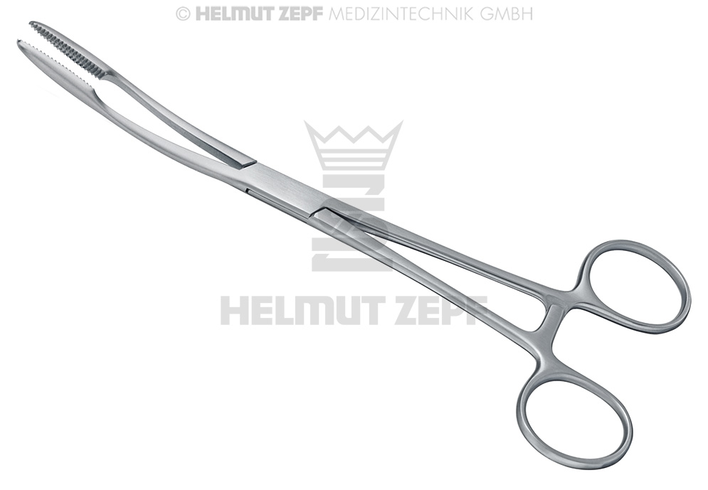Curved surgical dressing forceps, with long ratchet, 20 cm - Helmut Zepf (23.741.20) - Delynov