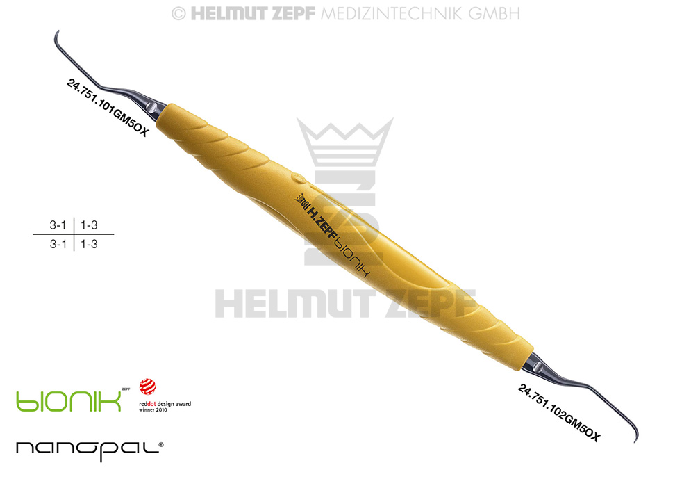 Curette chirurgicale spéciale Gracey 1/2, manche 5, tige allongée de 3 mm, Zepf-Bionik - Helmut Zepf (24.201.01GM5OX) - Delynov