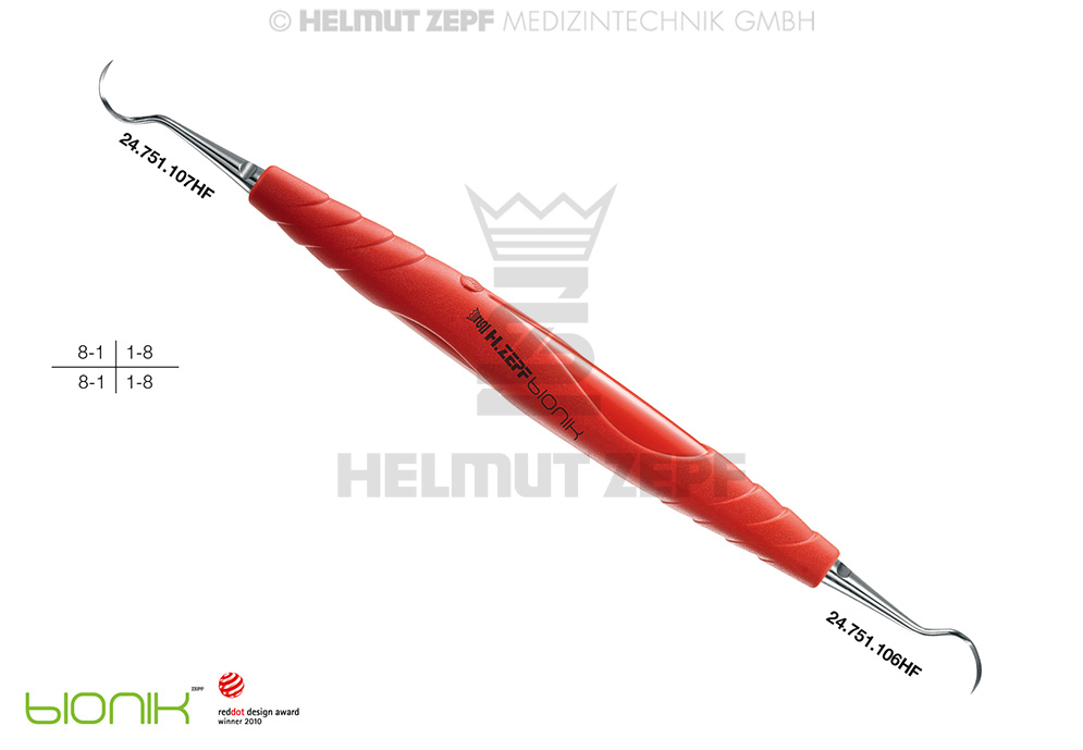 Curette parodontale pour détartrage et surfaçage radiculaire, double extrémité, manche vert et jaune - Helmut Zepf (24.205.06HF) - Delynov