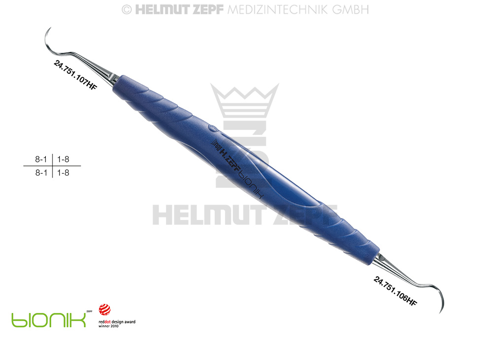Curette de Zepf-Bionik pour parodontie et hygiène dentaire, figures 6 et 7, manche vert et jaune - Helmut Zepf (24.207.06HF) - Delynov