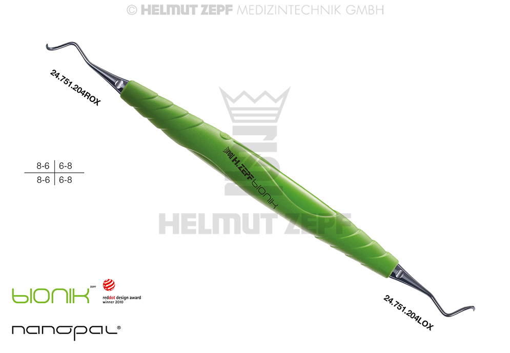 Curette parodontale Bionik 204S, manche vert-jaune - Helmut Zepf (24.208.04SOX) - Delynov