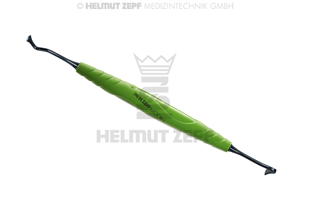 Dental composite knife fig. 2, green-yellow Bionik ergonomic handle, NANOPAL coating - Helmut Zepf (24.710.02OX) - Delynov