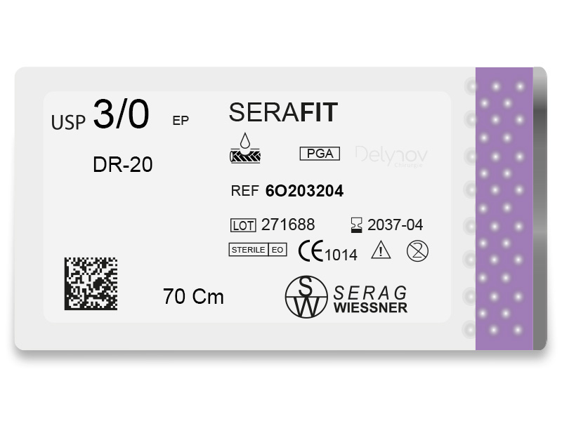 SERAFIT résorbable violet (3/0) aiguille DR-20 de 70 CM boite de 24 sutures - Serag & Wiessner (6O203204) - Delynov