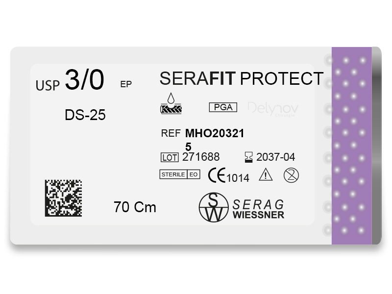 SERAFIT PROTECT absorbable violet (3/0) DS-25 needle of 70 CM box of 24 sutures - Serag & Wiessner (MHO203215) - Delynov
