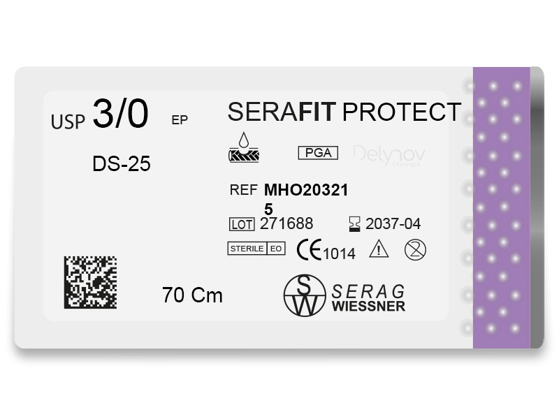 SERAFIT PROTECT resorbable violet (3/0) DS-25 needle of 70 CM box of 24 sutures - Serag & Wiessner (MHO203215) - Delynov
