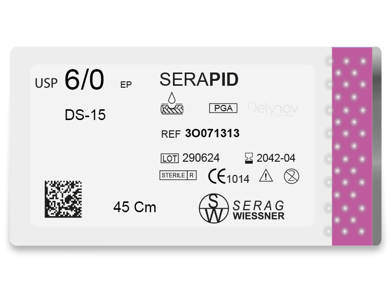 SERAPID absorbable colorless (6/0) DS-15 needle 45 CM box of 24 sutures - Serag & Wiessner (3O071313) - Delynov