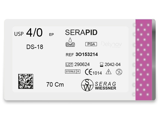 SERAPID résorbable incolore  (4/0) aiguille DS-18 de 70 CM boite de 24 sutures - Serag & Wiessner (3O153214) - Delynov