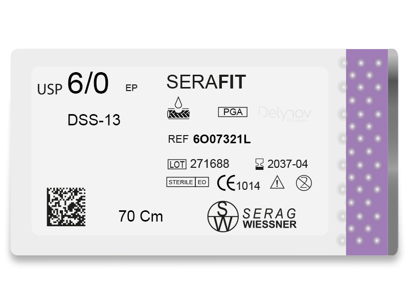 SERAFIT absorbable violet (6/0) DSS-13 needle 70 CM box of 24 sutures - Serag & Wiessner (6O07321L) - Delynov