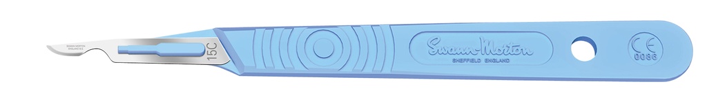 Pack of 10 sterile stainless steel scalpels, size No. 15C (U15C), brand Swann-Morton (0521) - Delynov
