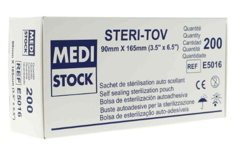 A box of 200 self-adhesive sterilization pouches, dimensions 90 x 165 mm, self-adhesive pouch E5016 - Medi Stock (E5016) - Delynov.