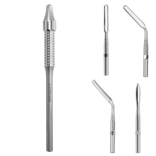 [690000] Sure, the product title Periotome - Poignée + 4 lames (690000) Coricama - Delynov can be translated into English as Periotome - Handle + 4 blades (690000) Coricama - Delynov. These products are exclusively for dental surgery.