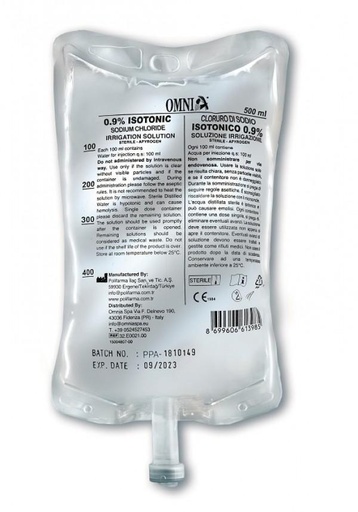 [32.E0001.00] 1 box of 15 sterile 0.9% sodium chloride solutions of 500ml - physiological saline - Omnia - Delynov (32.E0001.00)