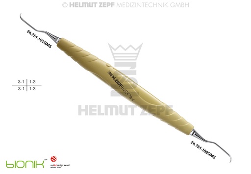 [24.201.01GM5] Curette dentaire spéciale Gracey, manche Bionik, tige allongée de 3 mm, modèle 1/2M5 - Helmut Zepf (24.201.01GM5) - Delynov