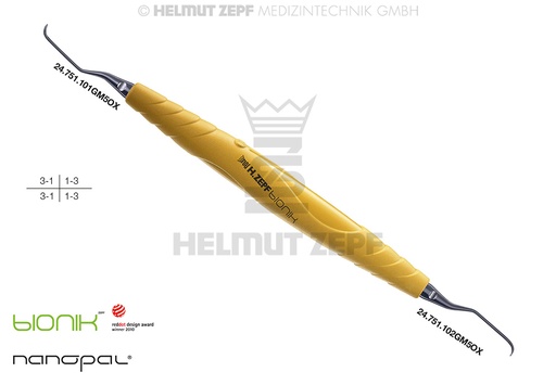 [24.201.01GM5OX] Special Gracey 1/2 surgical curette, handle 5, 3mm extended shank, Zepf-Bionik - Helmut Zepf (24.201.01GM5OX) - Delynov