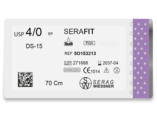 [5O153213] SERAFIT tressé résorbable incolore (4/0) aiguille DS-15 de 70 CM boite de 24 sutures - Serag & Wiessner (5O153213) - Delynov