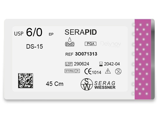 [3O071313] SERAPID résorbable incolore  (6/0) aiguille DS-15 de 45 CM boite de 24 sutures - Serag & Wiessner (3O071313) - Delynov