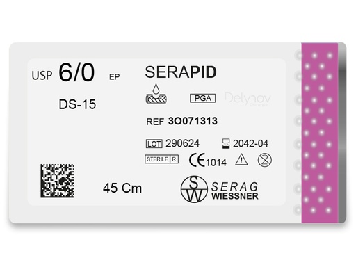 [3O071313] SERAPID résorbable incolore (6/0) aiguille DS-15 de 45 CM boite de 24 sutures - Serag & Wiessner (3O071313) - Delynov
