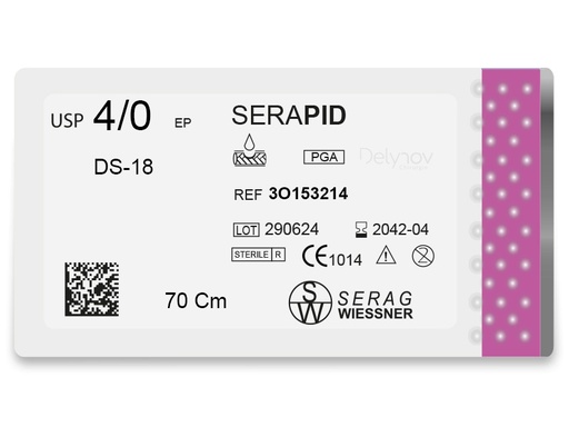 [3O153214] SERAPID résorbable incolore (4/0) aiguille DS-18 de 70 CM boite de 24 sutures - Serag & Wiessner (3O153214) - Delynov